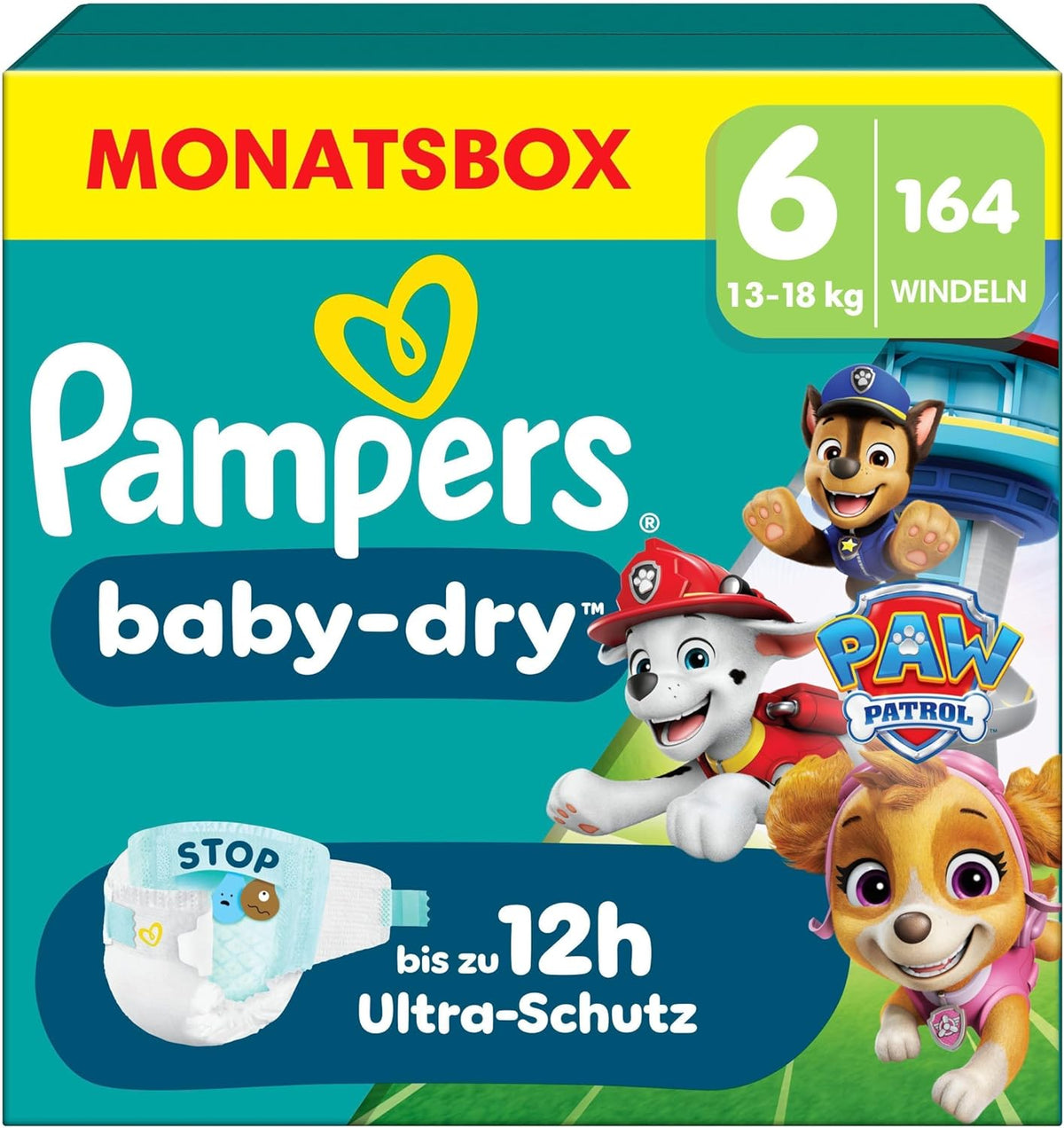 Scutece Pampers Baby-Dry Ediția Patrula Cățelușilor, mărimea 6, 164 de scutece, 13 kg - 18 kg, protecție împotriva scurgerilor de până la 100% și confort toată noaptea