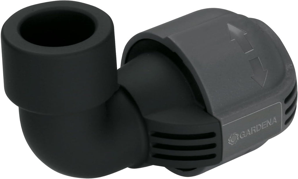 Sistem de irigații Gardena, piesă în L: Conector pentru schimbarea direcției conductei de alimentare, 25 mm, tehnologie de conectare Quick&Easy, compatibil cu conductele de alimentare Gardena de 25 mm, asamblare fără unelte (2773-20)
