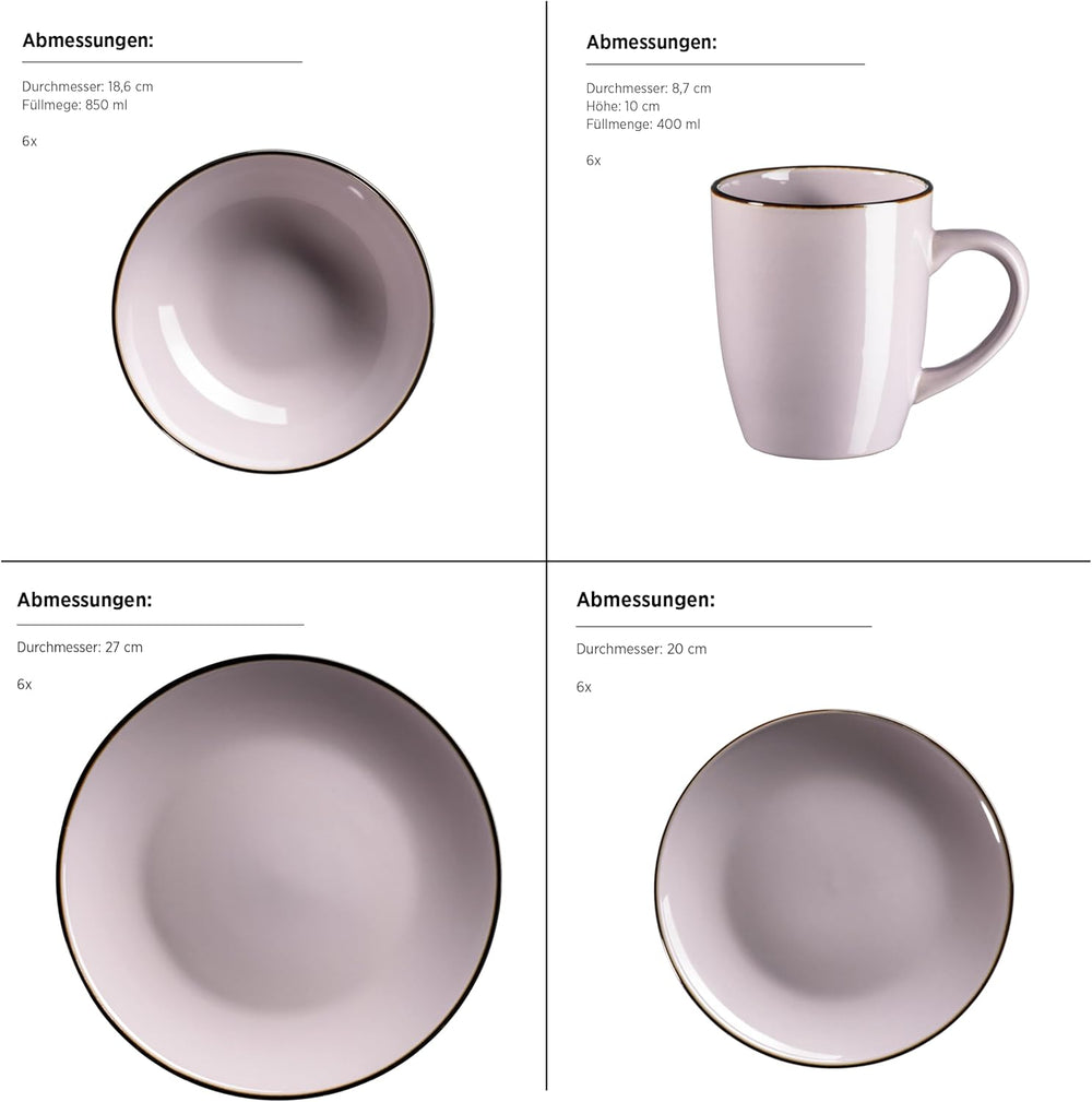 Set de veselă modern pentru 6 persoane cu margine de culoarea alamei, serviciu combinat format din 24 de piese cu forme de cupe fără ramă, lavandă