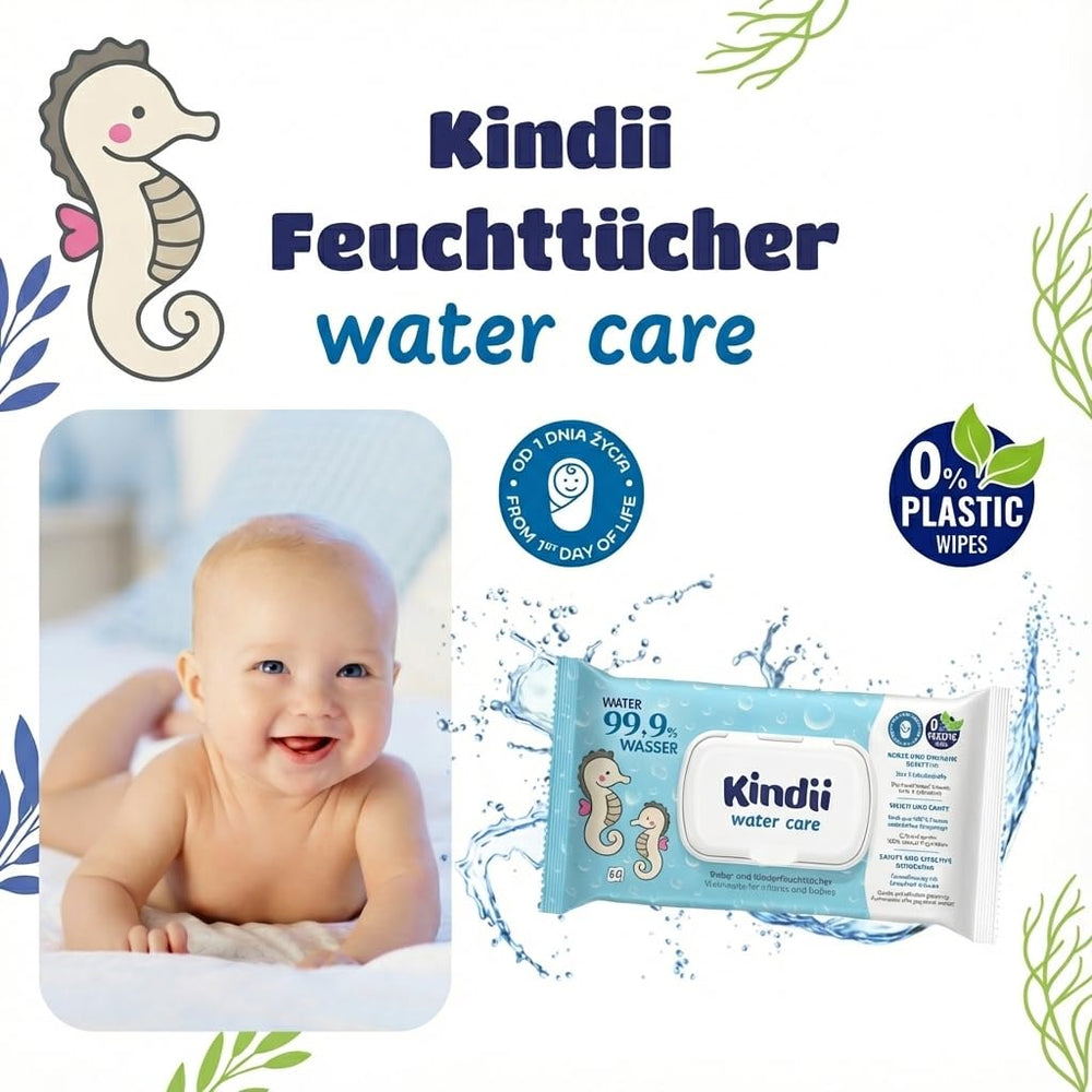 Șervețele umede Kindii Water Care - Aqua Baby Wipes - 100% vâscoză, 99,9% apă, extract de grapefruit, dimensiune fular 150x200, 100% biodegradabile, fără plastic, șervețele de curățare pentru piele sensibilă