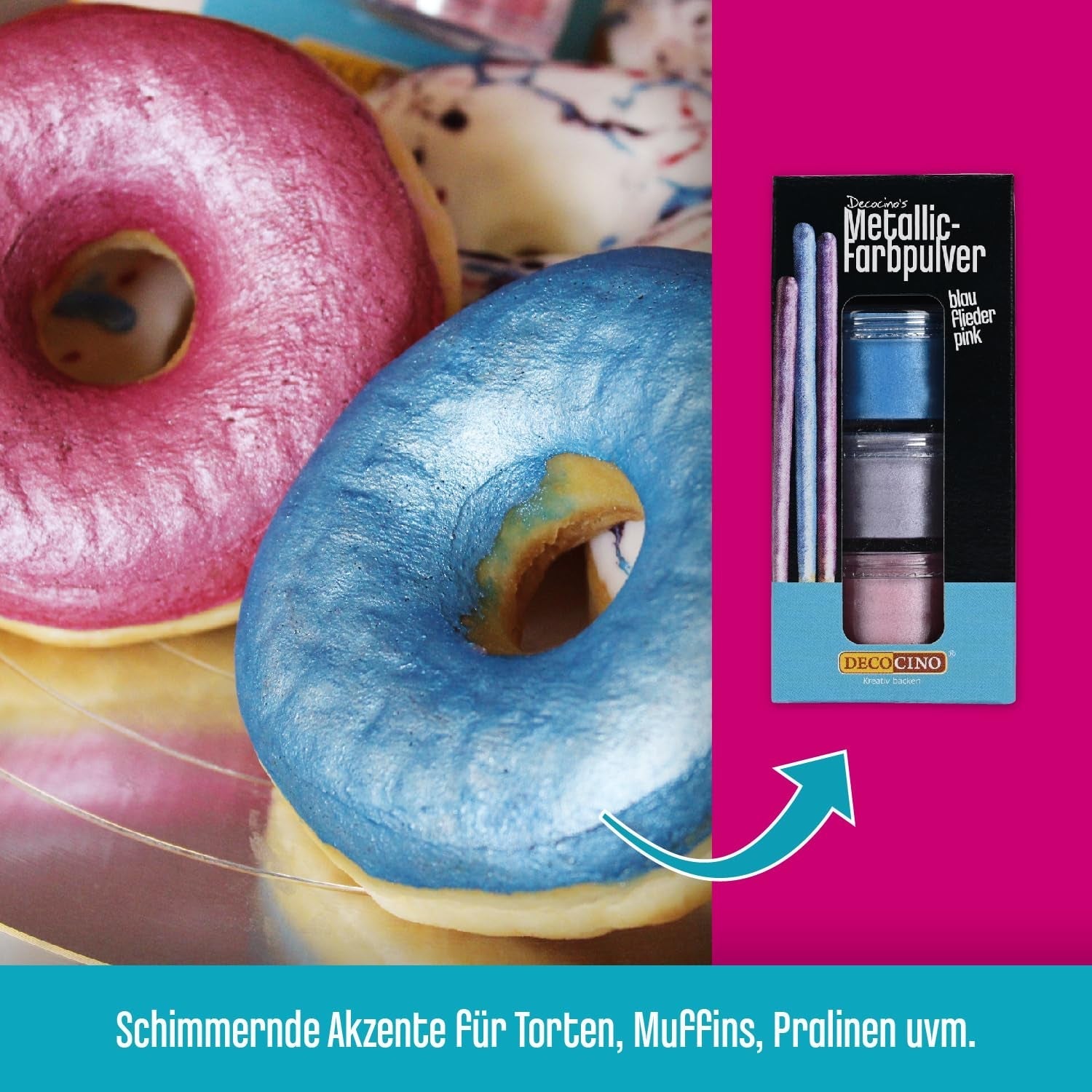 DECOCINO Pudră Pastel Metalic Colorantă (3X2G) – Albastru, Liliac și Roz – Pudră de Colorant Alimentar – Pudră cu Sclipici Potrivită pentru Fondant ca Decor pentru Torturi și Torturi!