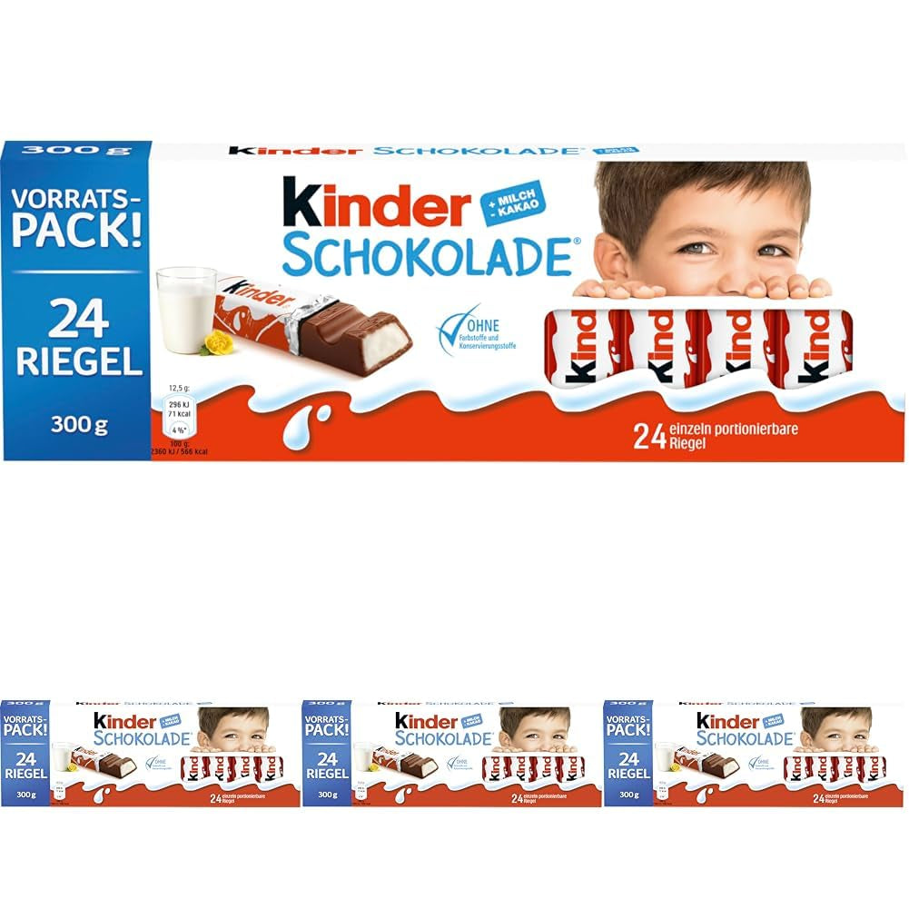 Kinder Chocolate – Batoane de ciocolată din ciocolată cu lapte umplută – 1 pachet conținând 24 de batoane individuale (24 x 12,5 g).