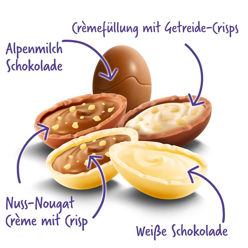 Mix pentru ouă Milka – Mix colorat de ouă de ciocolată umplute pentru Paște, în cinci variante – 350g