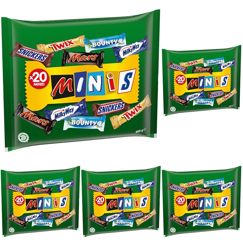 Pliculețe mixte Minis, Snickers, Bounty, Twix, Milky Way, pachet vrac de ciocolată, un pachet (1 x 400 g) (pachet de 5)