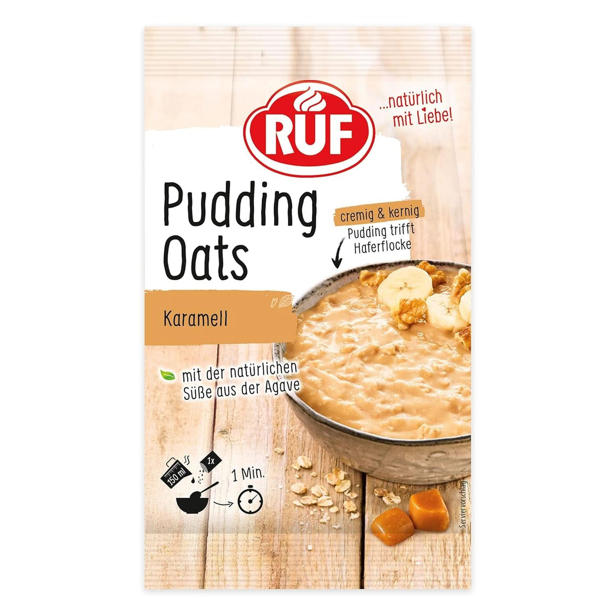 RUF Pudding Oats Caramel, budincă de caramel și fulgi de ovăz integral, fără zahăr, îndulcit cu sirop de agave, 64 grame Cereale Naty Shop 64 grame Caramel