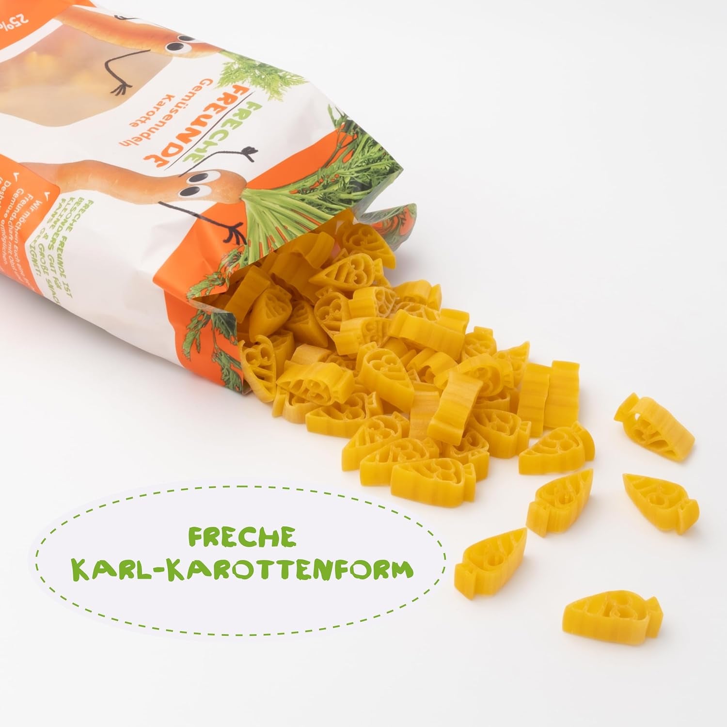 Tăiței vegetali organici Freche Freunde „Morcov”, cu 25% conținut de legume, vegani, pachet de 6 (6 x 300 g)