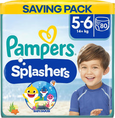 Pampers (Versiunea Veche), Șorturi de baie de unică folosință Splashers - Mărimea 5/6 (14kg+) - Cutie cu 8 pachete a câte 10