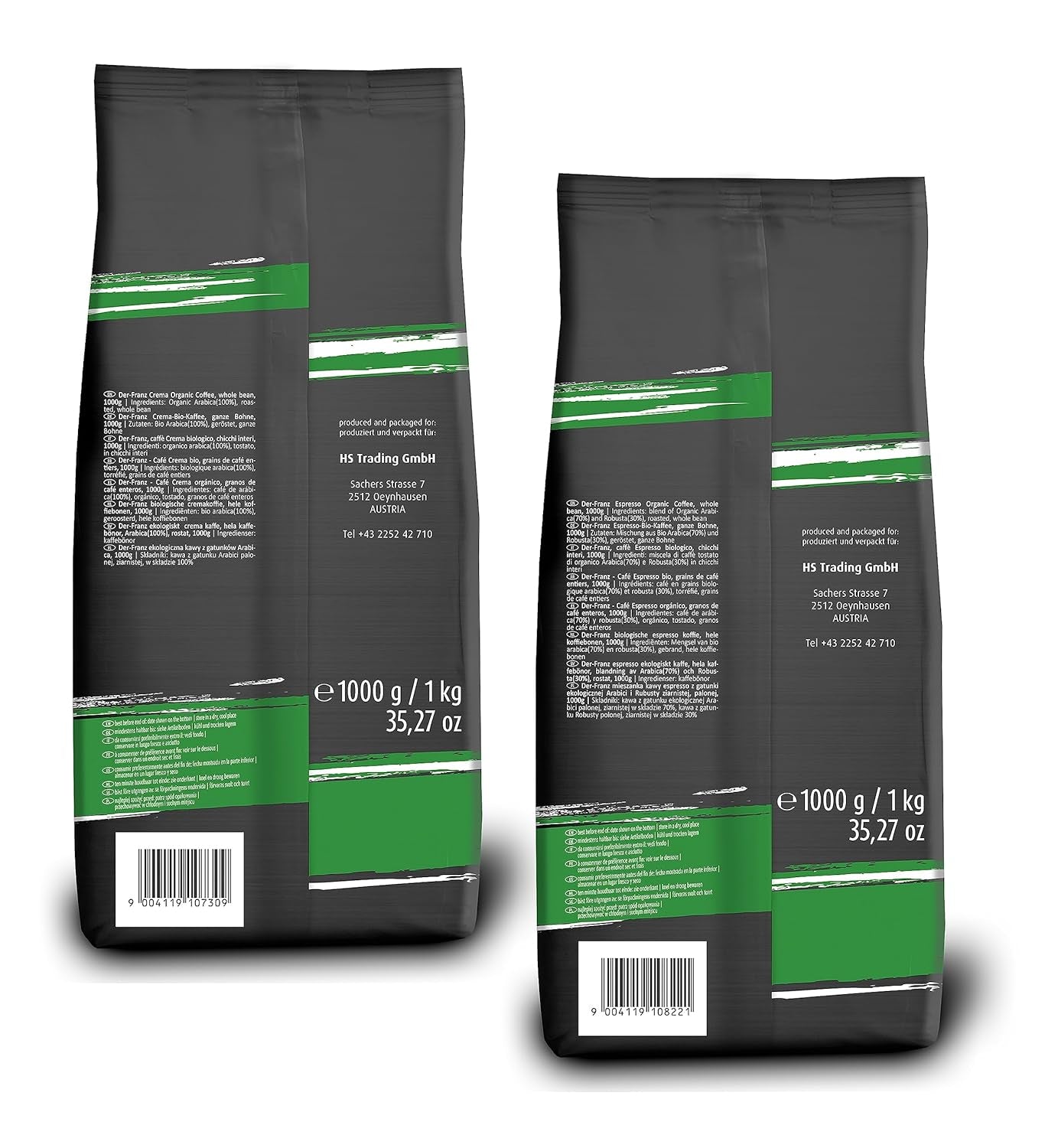 Pachet Cafea Organică Der-Franz: 1x Cremă Organică, 1x Espresso Organic, boabe întregi, 2 x 1000 g
