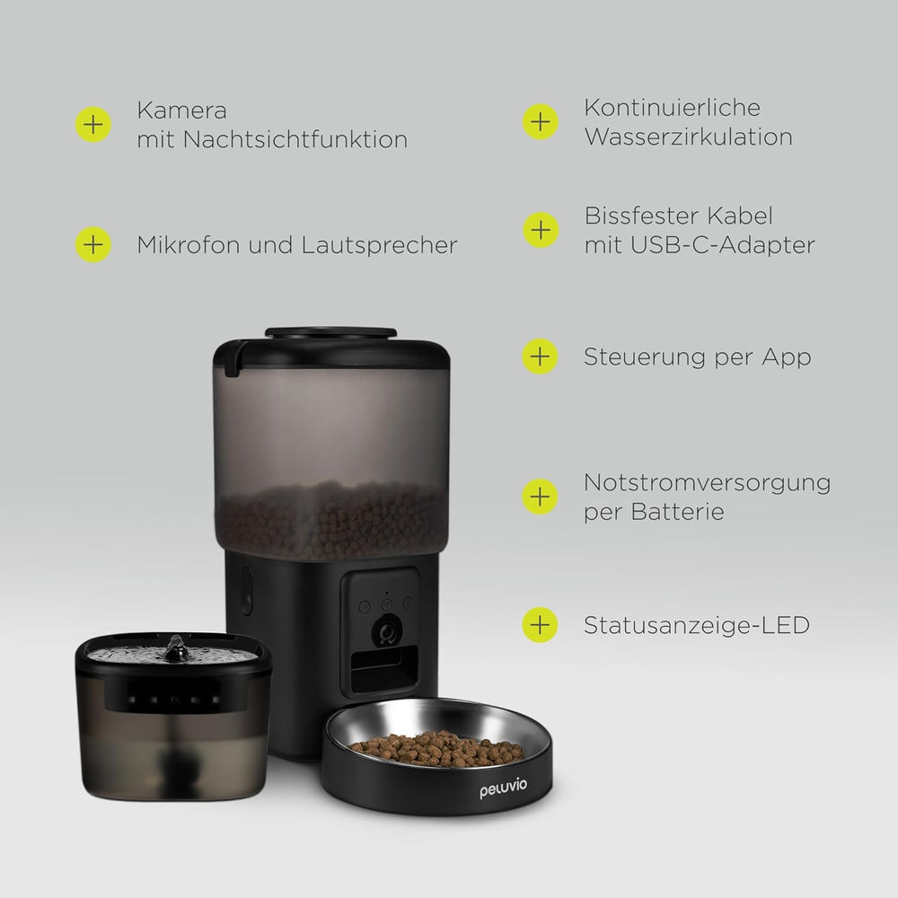 Hrănitor automat pentru pisici Feast cu aplicație și cameră, video live cu vedere nocturnă și audio bidirecțional, control al porțiilor, bol din oțel inoxidabil, fântână de băut pentru pisici cu filtru, 4,5 l și 2,5 l