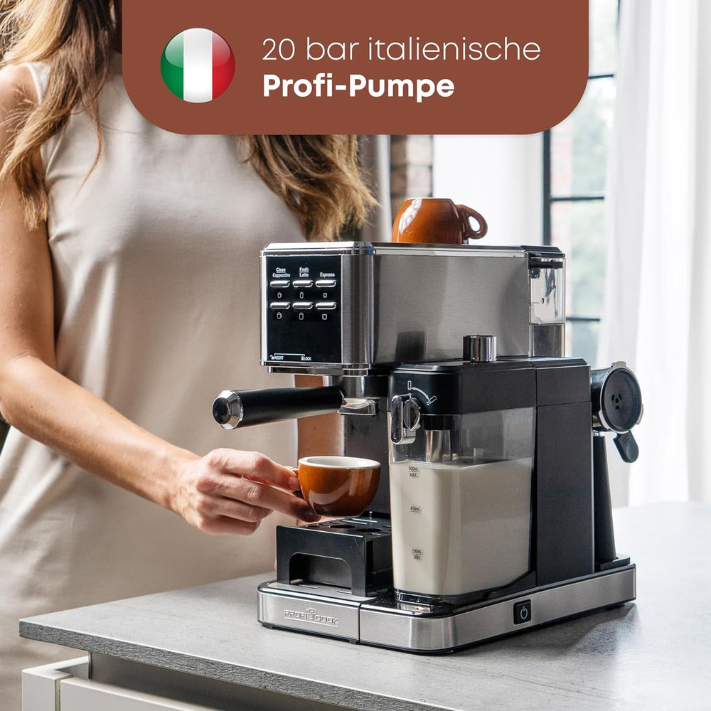Espressor ProfiCook® 2 în 1 | pentru cafea măcinată și capsule compatibile Nespresso | portfiltru | 20 bar | sistem de lapte pentru latte și cappuccino | portfiltru pentru espresso | PC-ES 1266
