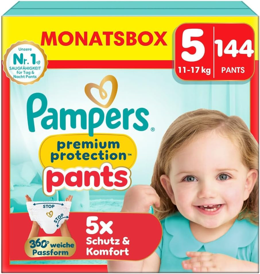 Pampers Premium Protection Pants mărimea 5, 144 scutece, 11 kg - 17 kg, cu ajustare la 360° și manșete moi anti-scurgere pentru confort și protecție optime