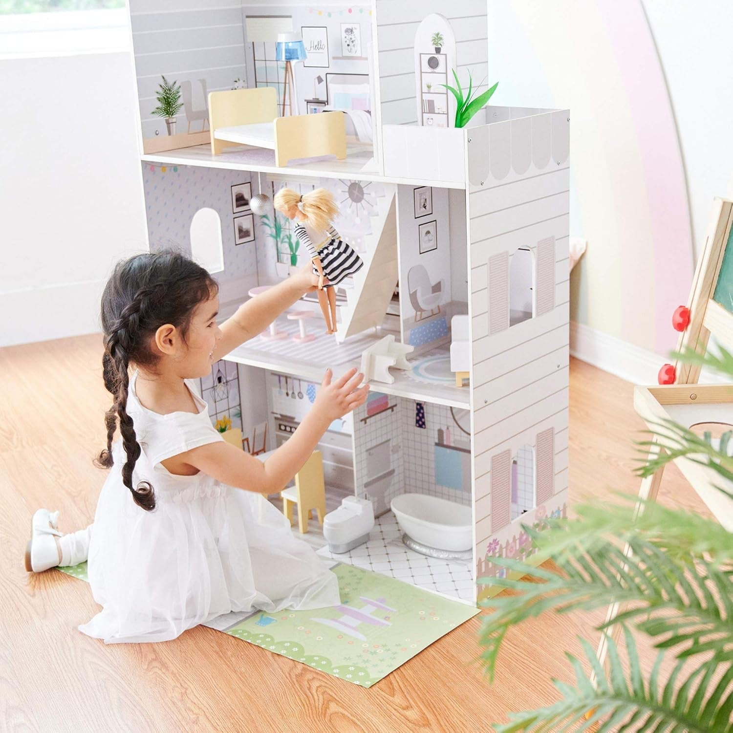 Teamson Kids Olivias Little World Giant Doll House cu 16 accesorii pentru păpuși, casă de păpuși din lemn cu mobilier, cu 3 etaje, casă de păpuși pentru copii pentru păpuși de 12 inci/30 cm, vârsta 3 ani+ Casute de papusi Naty Shop