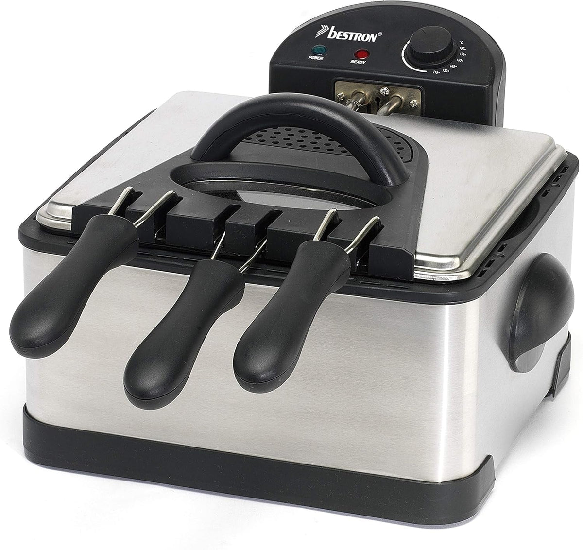 Friteuză cu ulei Bestron XL Cu 3 coșuri de prăjire, Inclusiv tehnologie cu zonă rece și recipient de ulei detașabil, 4 litri, 2000 W Electrocasnice Naty Shop Argintiu