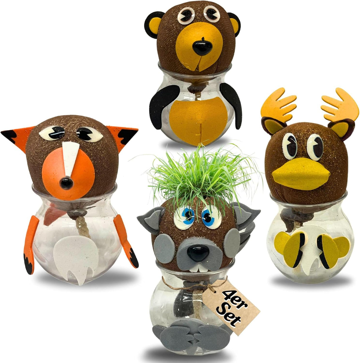 Bada Bing Graskopf 4er Set inkl. Wasserbehälter Waldtiere DIY Tiere – Rasenkopf Tierkopf mit Rasensamen – Experiment für Kinder – Spaß mit Lerneffekt – Geschenk Mitbringsel Kindergeburtstag Mitgebsel