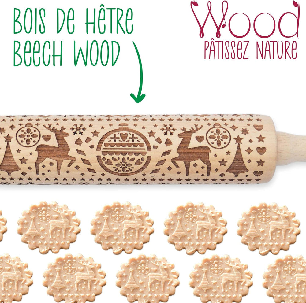 Sucitor din lemn Scrap Cooking „Xmas” cu motive de Crăciun – rolă de embosat cu decorațiuni în relief pentru fursecuri – accesoriu decorativ – 5242