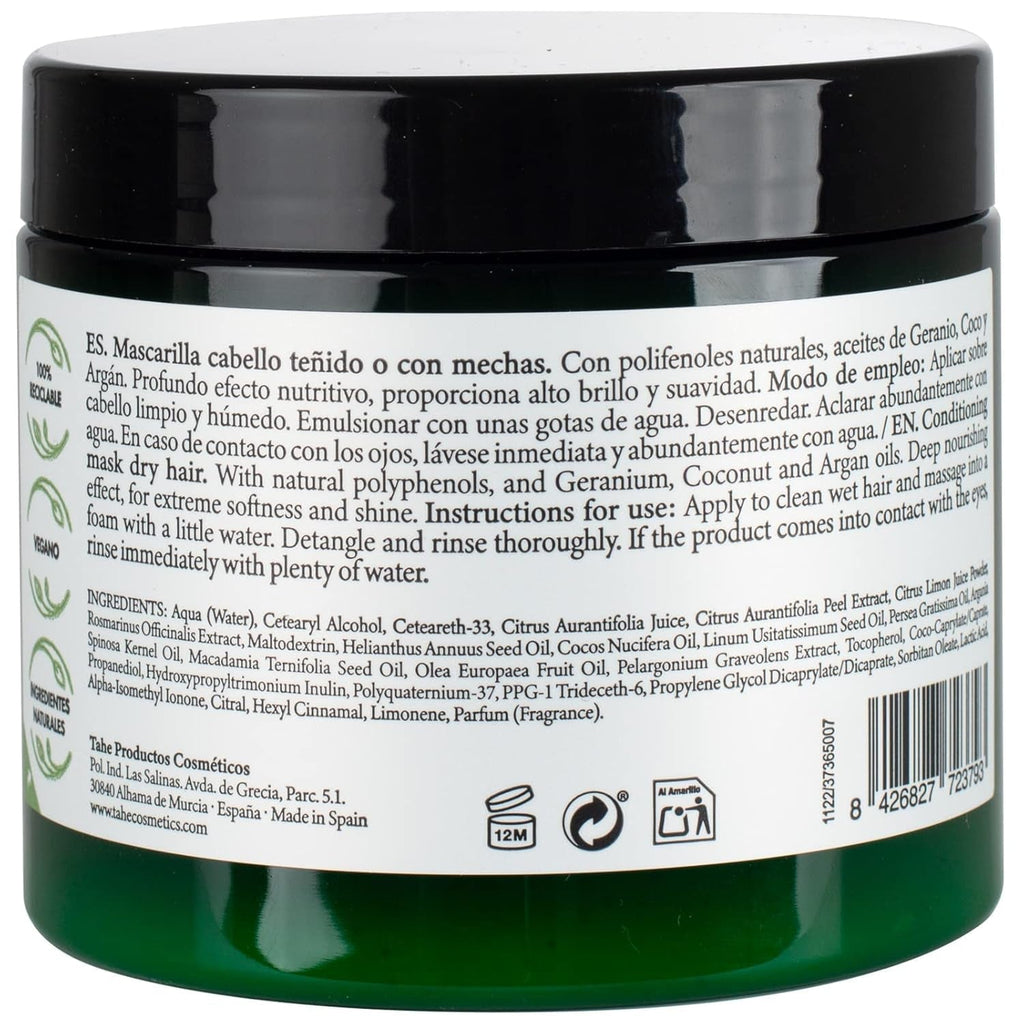 Mască de păr naturală pentru păr vopsit sau evidențiat cu polifenoli naturali, geranium, nucă de cocos și ulei de argan, 400 ml Masca de par Naty Shop