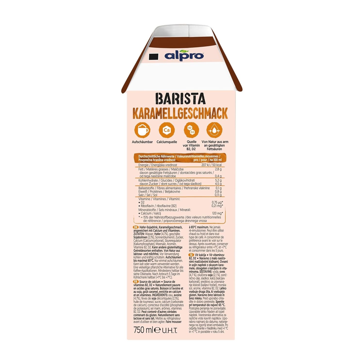 Alpro Barista Karamell – Zum Aufschäumen – Von Natur aus laktosefrei – 8 x 750 ml – Haltbar