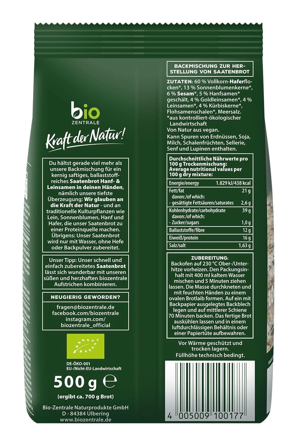 Biozentrale, mix de copt pâine cu semințe cânepă și semințe de in, organic, 500 grame Bucatarie Naty Shop