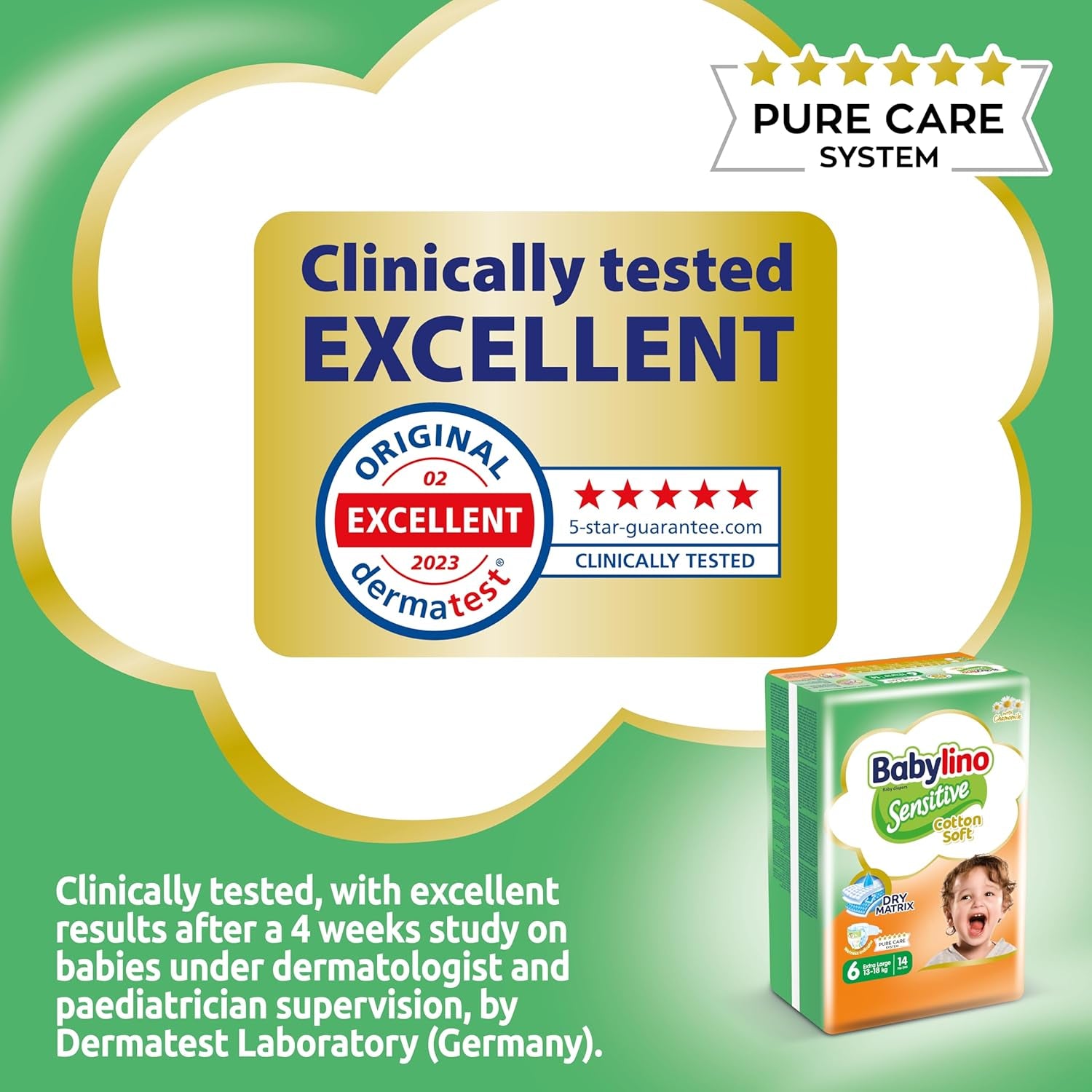 Scutece pentru bebeluși sensibili, mărimea 6, extra mari (13-18 kg), 114 scutece