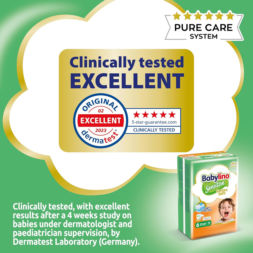 Scutece pentru bebeluși sensibili, mărimea 6, extra mari (13-18 kg), 114 scutece