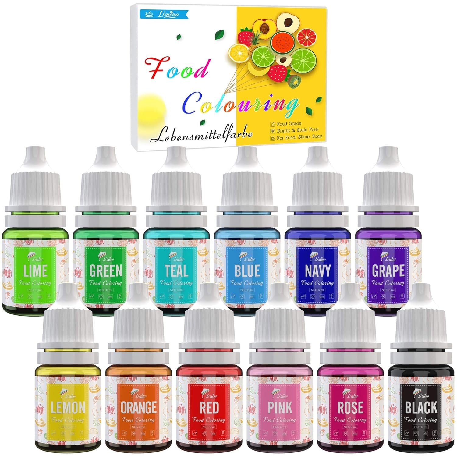 Colorant alimentar 12 culori - Coloranți alimentari lichizi pentru copt torturi, fursecuri, macaroane, fondant - Colorant alimentar vibrant pentru decorare și gătit, aerografare, săpunuri DIY - 6 ml fiecare