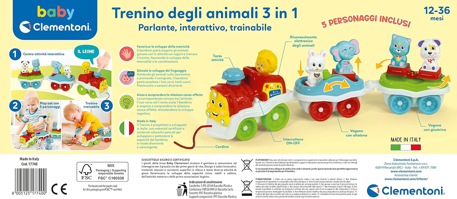 Clementoni Animali-3 Trenuleț electric, vorbitor, interactiv și extensibil, joc pentru copii de 1 an (versiunea italiană), fabricat în Italia, multicolor, 17740 Jucarii Bebe Naty Shop