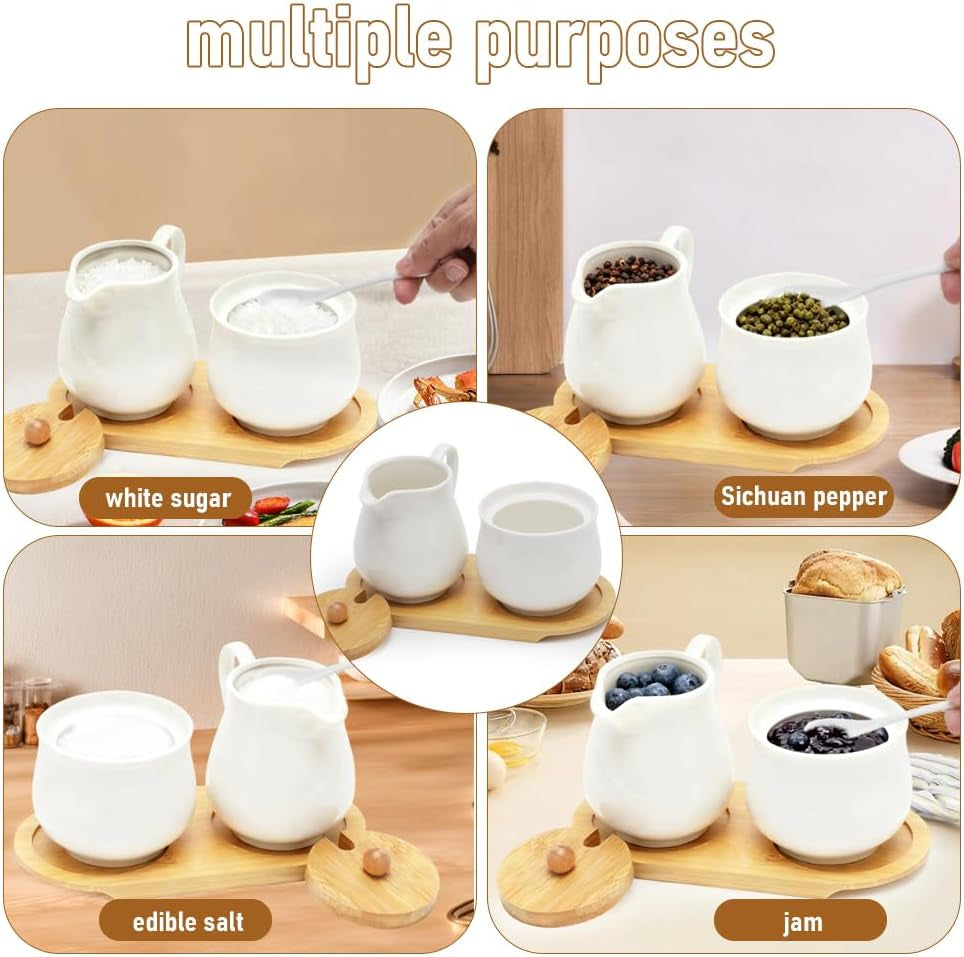Milch und Zucker Set mit Deckel und Löffel, 5-teilig Keramik Milchkännchen und Zuckerdose mit Holz Tablet,Milch- & Zuckerbehälter für Küche Kaffee Mikrowellen- und Spülmaschinenfest (Weiß)