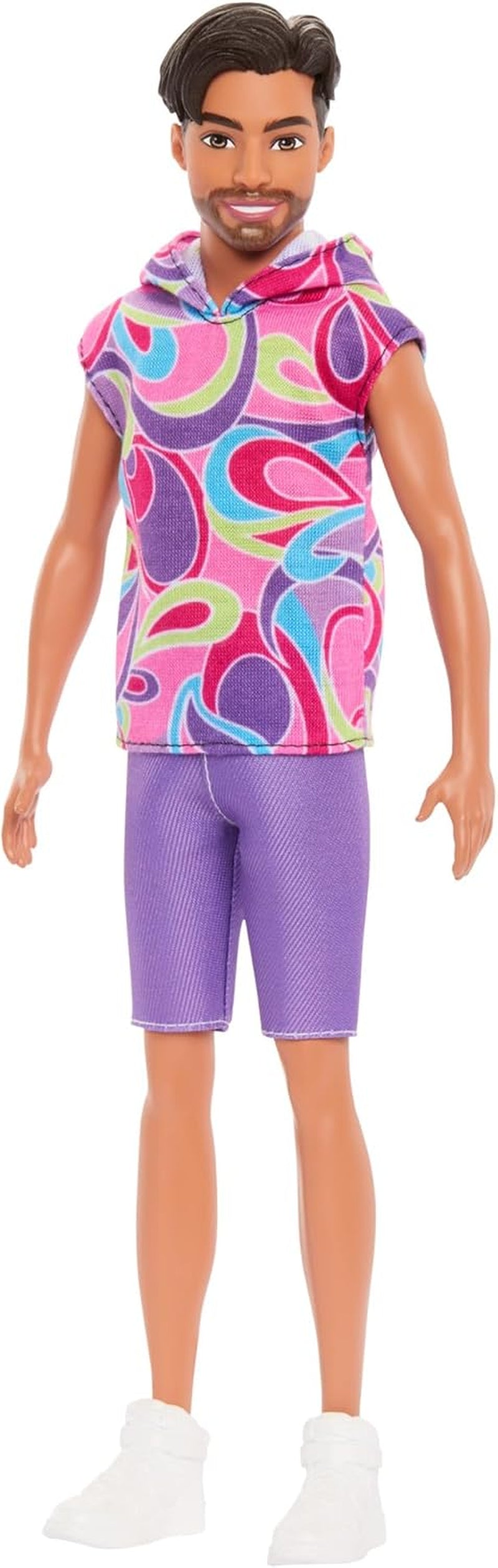 Barbie Fashionistas Ken Doll nr. 227 cu ținută care amintește de aspectul total al părului, păpușă de modă brunetă cu barbă scurtă și fizic subțire, 65th Anniversary Collectible Figure, HRH26 Papusi Naty Shop
