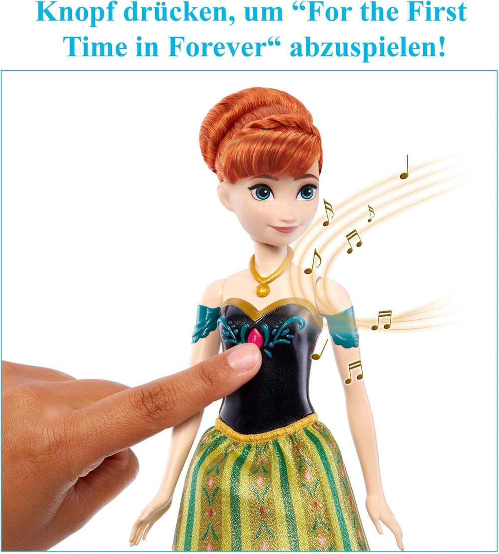 Jucării Mattel din Disney Frozen, păpușă de modă Anna cântătoare în ținută emblematică, cântă „Pentru prima dată” din filmul Disney în engleză, franceză, germană, italiană, JDL59