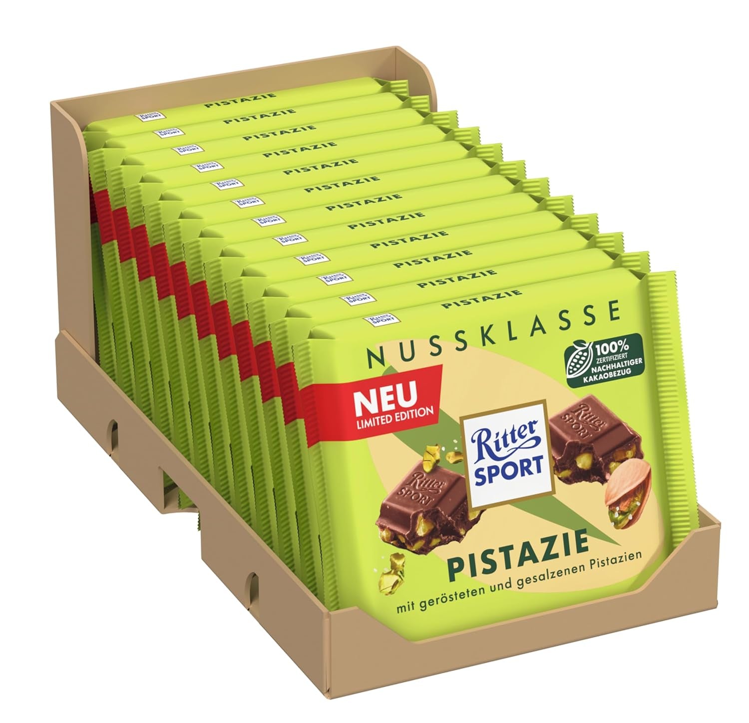 Ritter Sport Fistic, ciocolată cu lapte cu bucățele fine de fistic, un clasic de ciocolată, perfect pentru gustări și savurare, o idee grozavă de cadou, 12 batoane x 100g