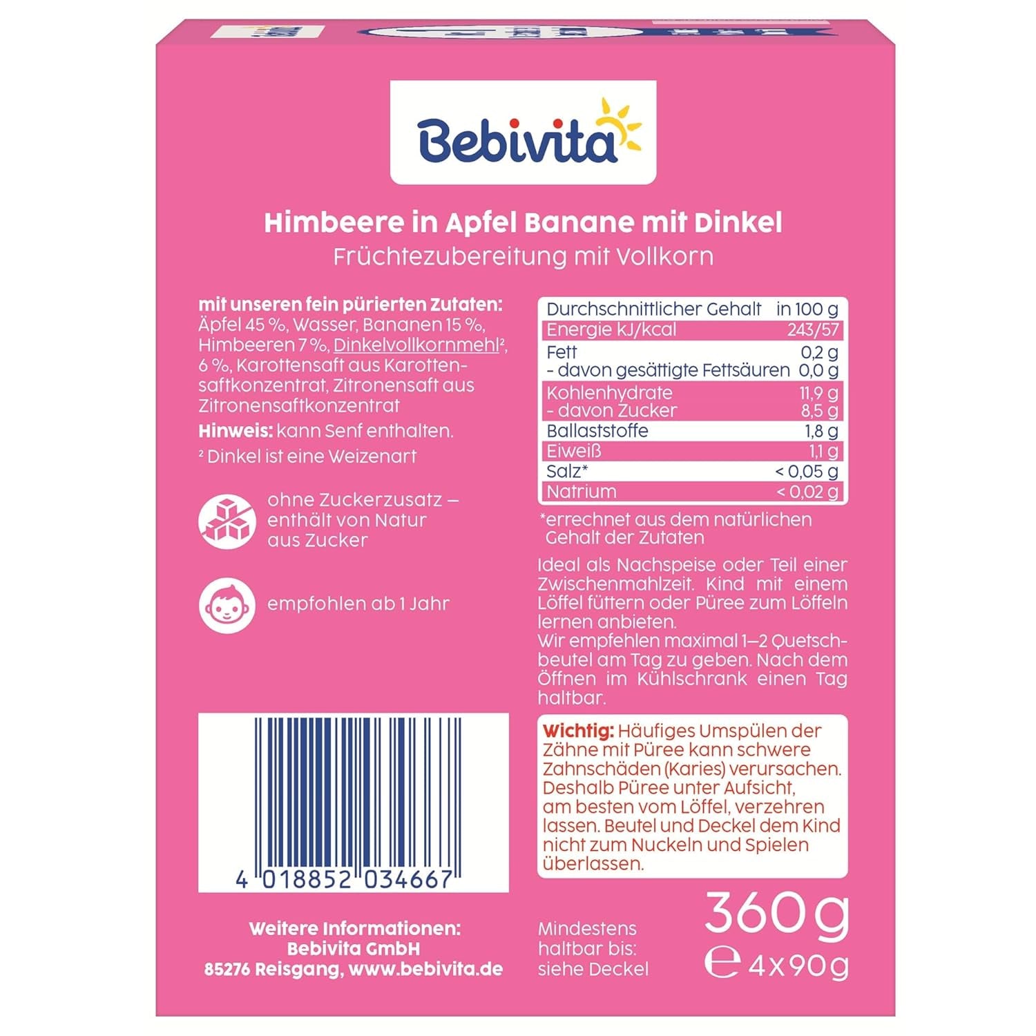 Pliculețe stoarcibile cu fructe, zmeură, măr, banană și speltă – 16 bucăți (pachet de 4, 4 x 90 g fiecare), fără zahăr adăugat, făcute din fructe blânde și cereale valoroase, ideale pentru gustări la pachet și pentru consumul independent