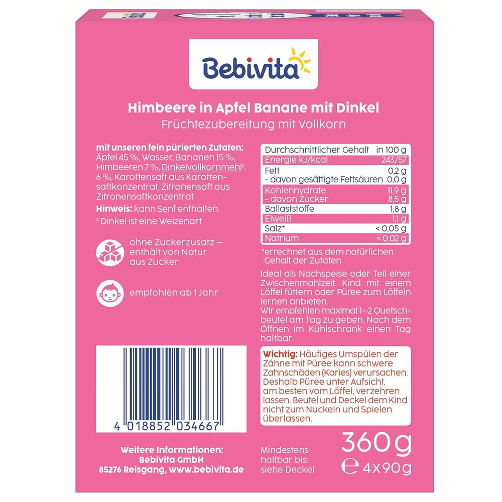 Pliculețe stoarcibile cu fructe, zmeură, măr, banană și speltă – 16 bucăți (pachet de 4, 4 x 90 g fiecare), fără zahăr adăugat, făcute din fructe blânde și cereale valoroase, ideale pentru gustări la pachet și pentru consumul independent