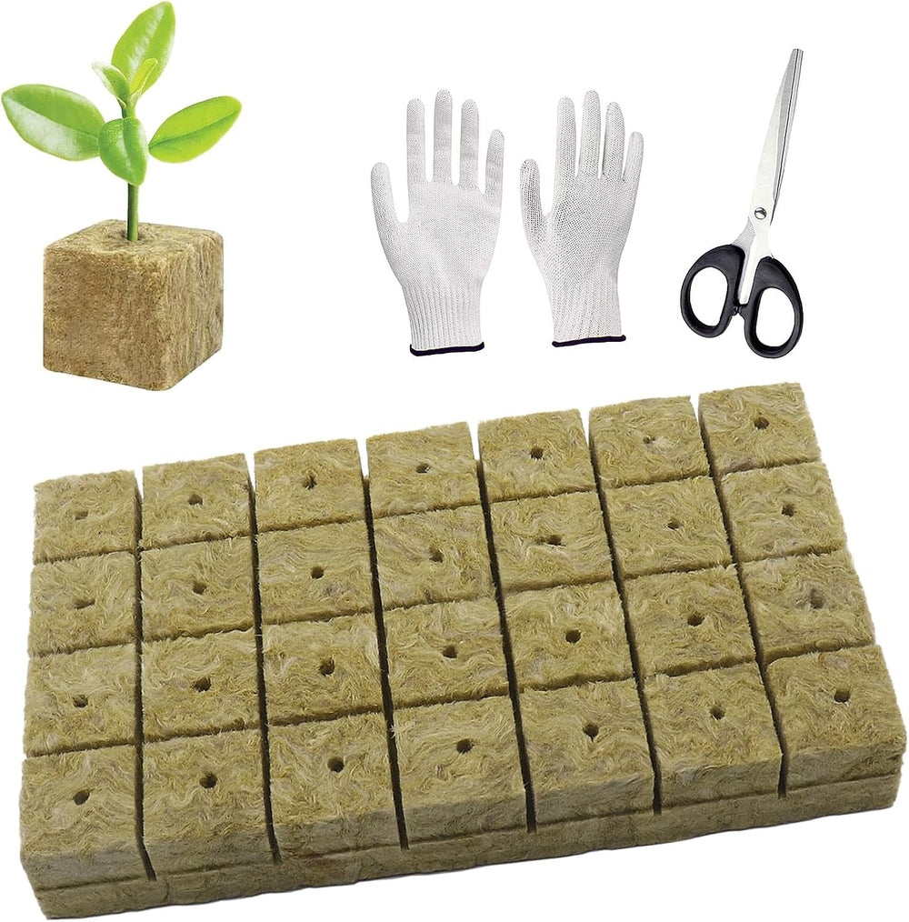 50 de bucăți de covoraș de creștere din vată minerală, cub de vată minerală, izolație din vată minerală, covoraș de creștere din vată minerală cu foarfece și mănuși pentru creștere fără sol, hidroponie și transplantare