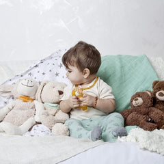 Inel de dentiție din cauciuc natural organic pentru bebelușii care își fac dentiția, masează gingiile, fără BPA, moale, promovează motricitatea fină, design cu dinozauri (639-V1) și periuță de dinți pentru degete din cauciuc natural