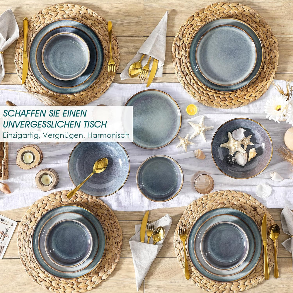 Geschirrset 6 Personen, vancasso PLAYA 24tlg Reaktive Glasur Steingut Tafelservice 6 Personen Modern, Beinhaltet Schüssel, Suppenteller, Dessertteller, Speiseteller, Spülmaschinenfest, Lavendelblau