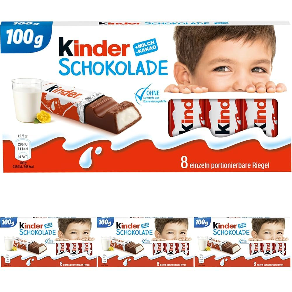 Kinder Chocolate – Batoane de ciocolată din ciocolată cu lapte umplută – 1 pachet conținând 24 de batoane individuale (24 x 12,5 g).