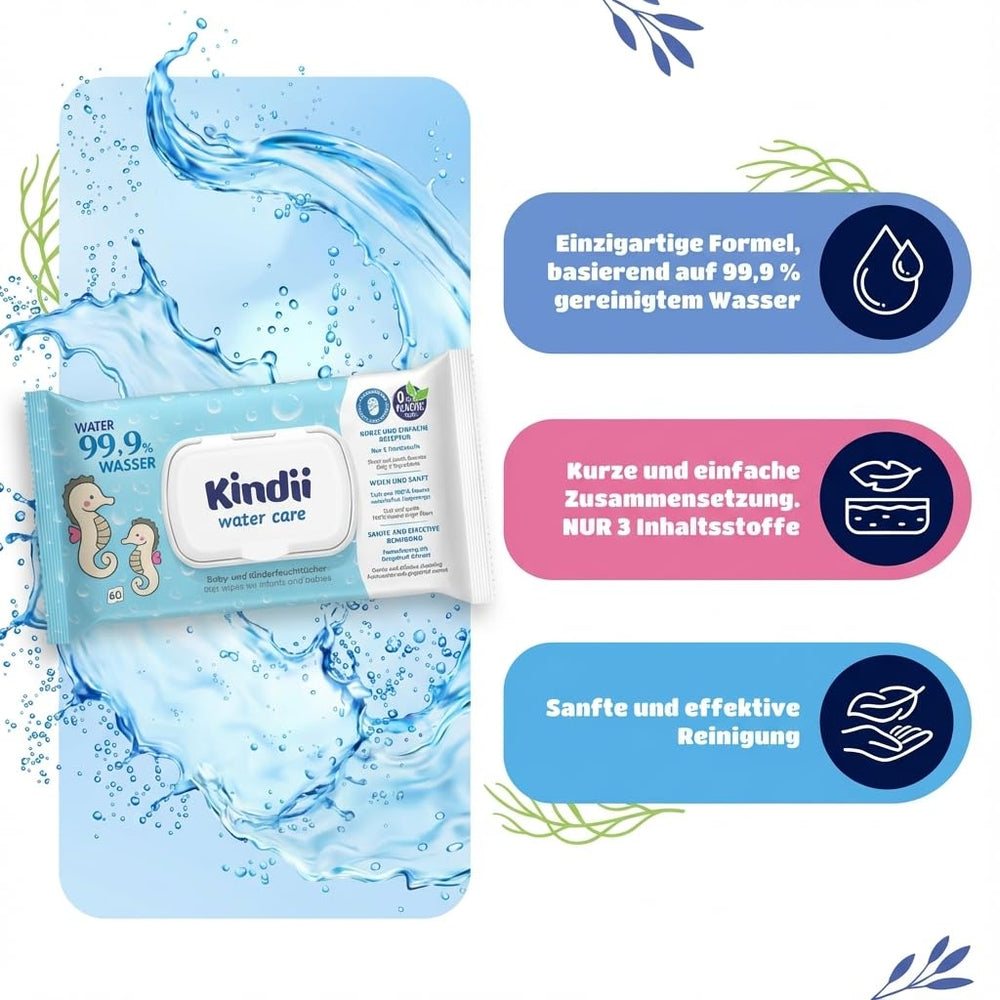 Șervețele umede Kindii Water Care - Aqua Baby Wipes - 100% vâscoză, 99,9% apă, extract de grapefruit, dimensiune fular 150x200, 100% biodegradabile, fără plastic, șervețele de curățare pentru piele sensibilă
