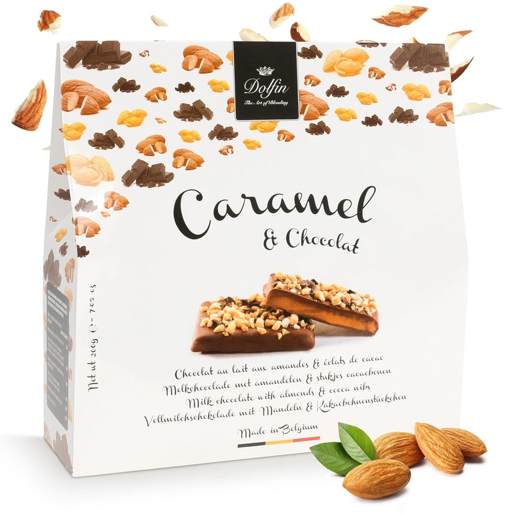 Dolfin Caramel & Ciocolată, fabricat în Belgia, 200 grame Bomboane de Ciocolata Naty Shop 200 grame Ciocolata cu Migdale si Nibs de cacao