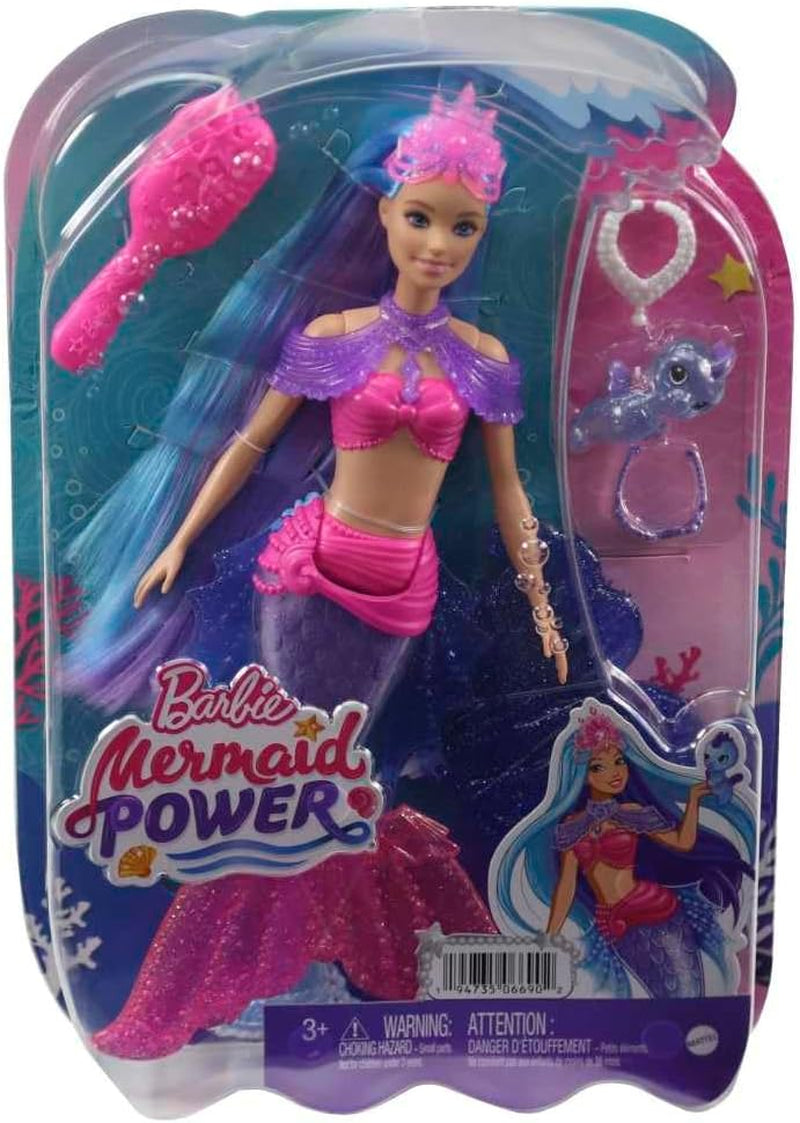 Barbie Mermaid Power, Puppe Meerjungfrau, Puppe mit blauen und lila Haaren, Meerjungfrauenschwanz mit austauschbaren Flossen, Zubehör, Geschenke für Kinder ab 3 Jahren,HHG52