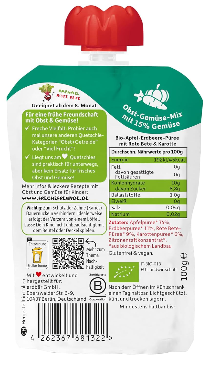 FRECHE FREUNDE Pungă de fructe bio, compresibilă, cu mere, căpșuni, sfeclă roșie și morcov, piure de fructe cu legume într-o pungă compresibilă pentru bebeluși de la 6 luni, vegan, pachet de 6 (6 x 100g)