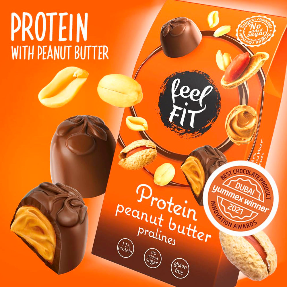 Praline proteice cu unt de arahide Feel FIT în ciocolată cu lapte de înaltă calitate, fără zahăr adăugat, 17% proteine, fără gluten 66 g (1 pachet)