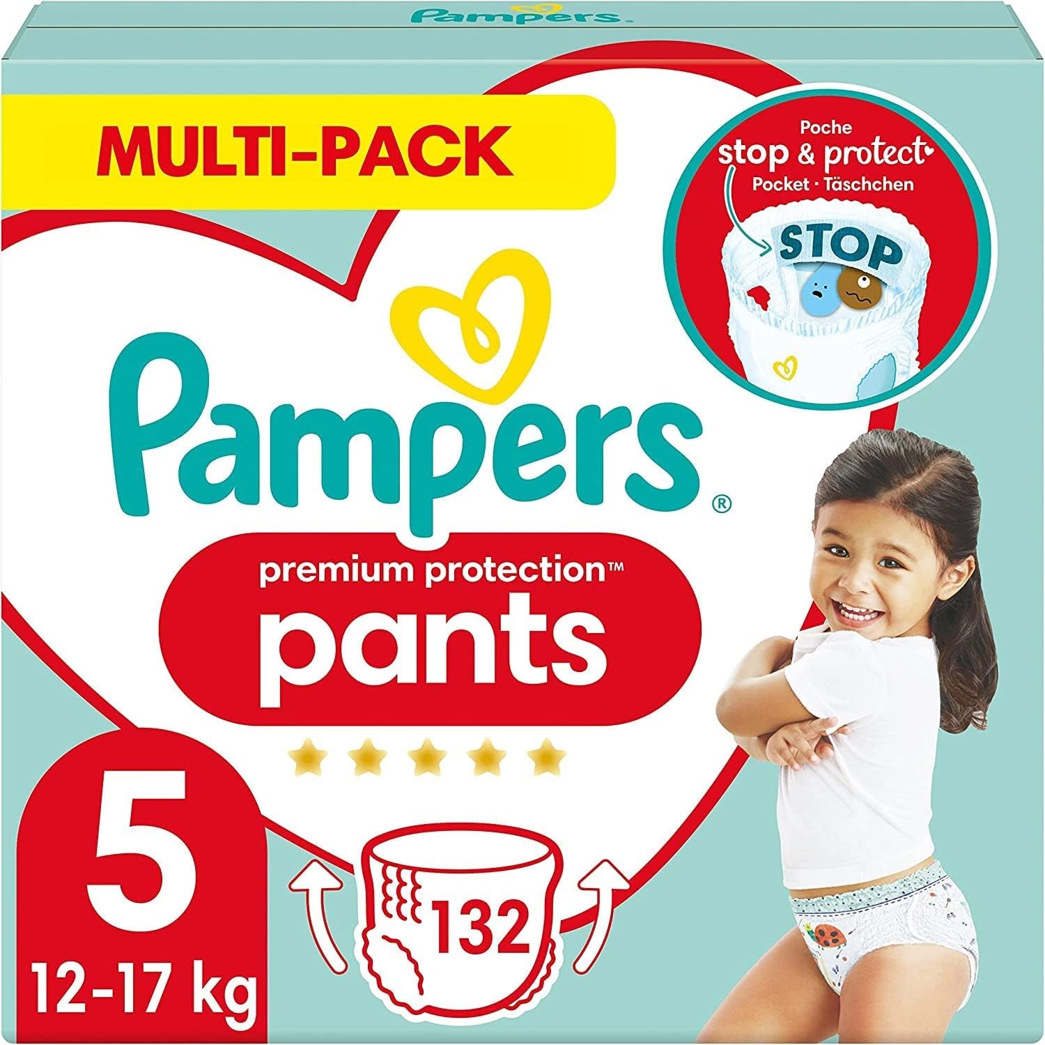 Pampers Premium Protection Pants mărimea 5, 144 scutece, 11 kg - 17 kg, cu ajustare la 360° și manșete moi anti-scurgere pentru confort și protecție optime