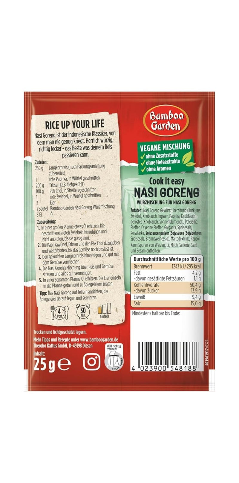 Bamboo Garden - Nasi Goreng Würzmischung | Zum Würzen von asiatischen Reisgerichten | Für 4 Portionen | Vegan, ohne Zusatzstoffe, ohne Hefeextrakte, ohne Aromen | 25 g im Beutel