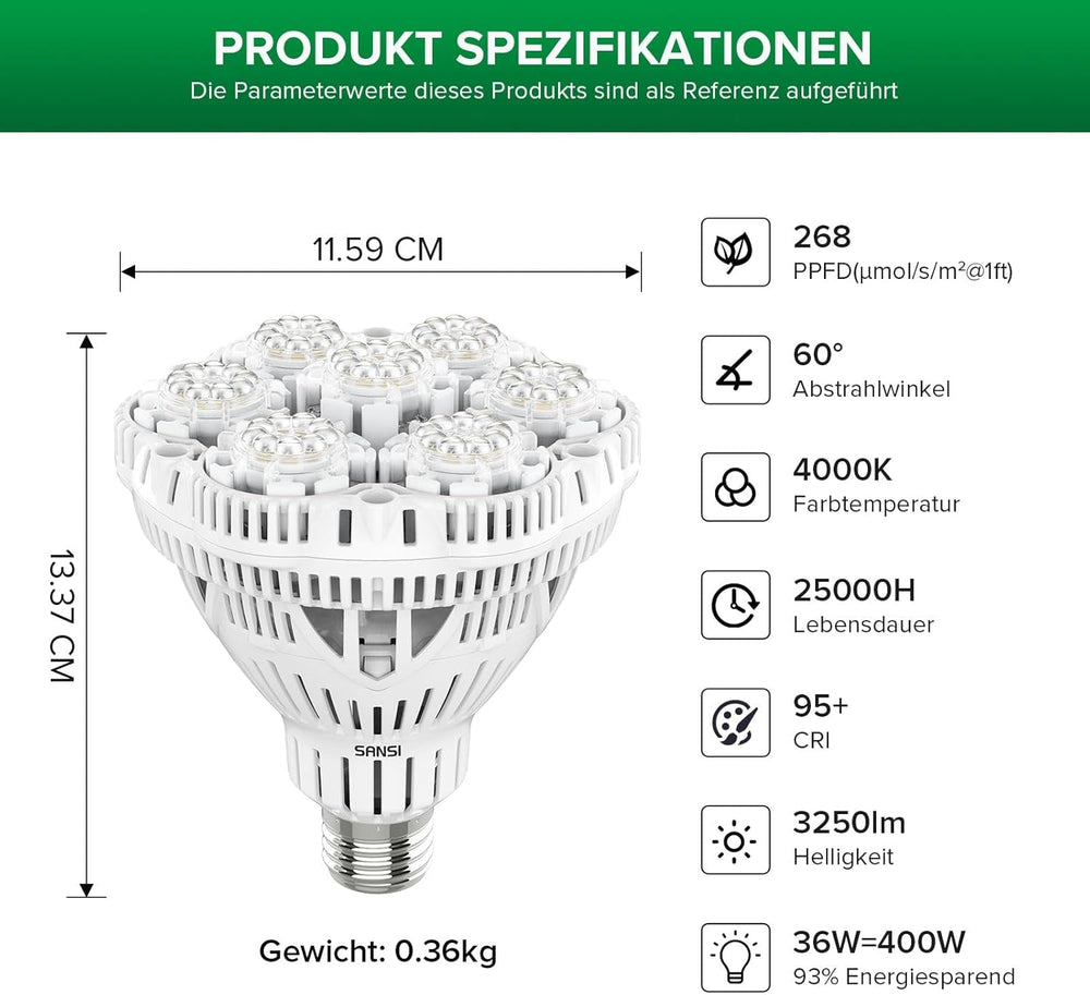 Lampă LED SANSI 36W cu spectru complet E27 pentru plante de interior, lampă LED de creștere cu lămpi de creștere PPFD ridicat pentru seră, grădină, flori, legume, hidroponică, dimensiune Ø11.5 * 13.3cm