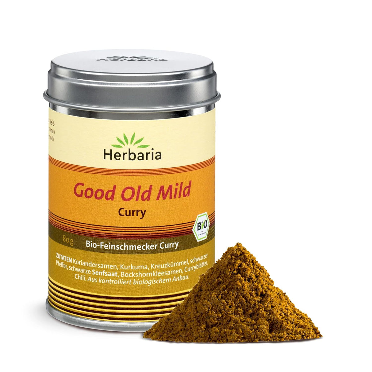 Herbaria Good Old Mild Curry bio 80g M-Dose – Currypulver, Currymischung - Bio-Gewürzmischung für klassische Curry-Spezialitäten z.B. Currywurst - erlesenen Zutaten in nachhaltiger Aromaschutz-Dose