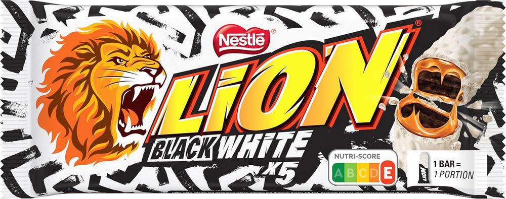 Baton de ciocolată LION Black & White, o gustare cu gust intens, ciocolată crocantă și chipsuri crocante, umplutură de brownie, o experiență unică de îmbucătură, 1 pachet (5 x 30g)