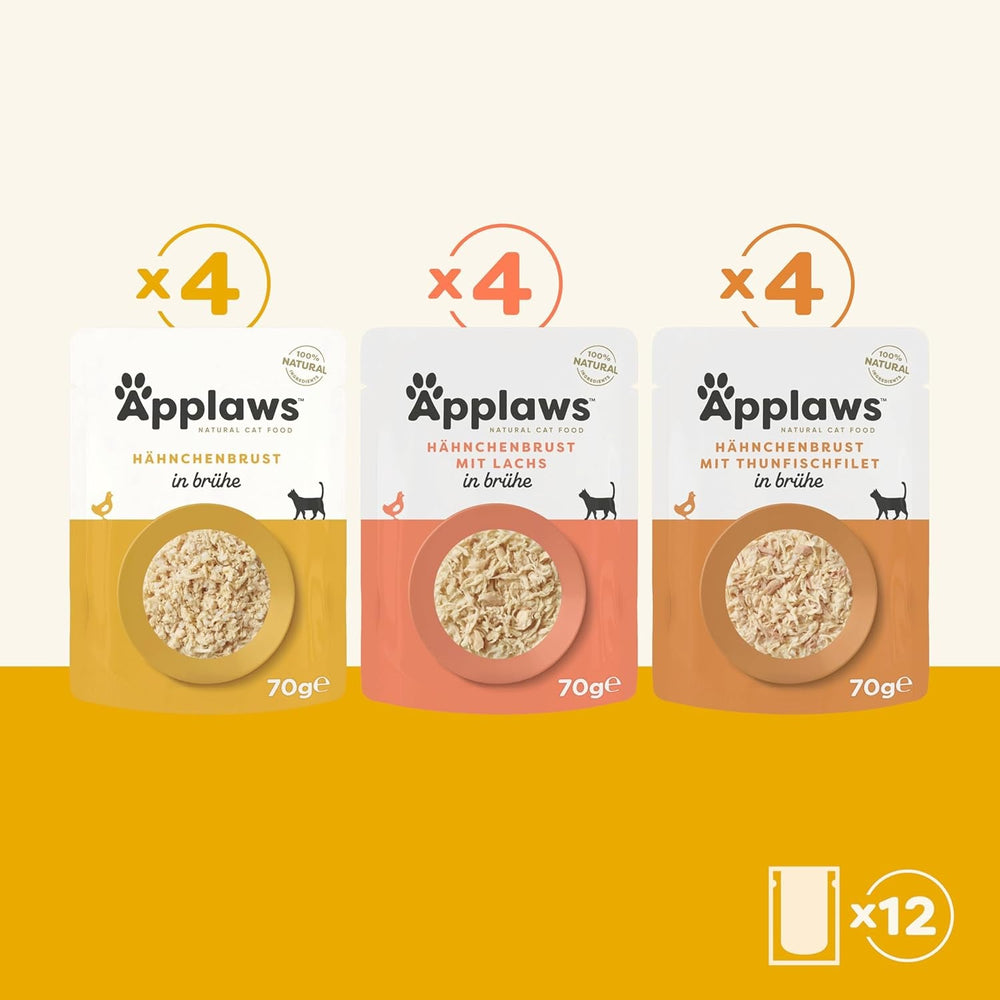 Applaws Hrană umedă naturală pentru pisici, pliculețe, pachet multiplu, selecție de pui în bulion - 12 pliculețe x 70g