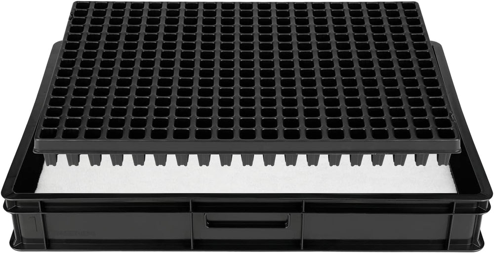 Sistem de propagare GW-285 format din tavă profesională pentru apă GW657, covoraș capilar asortat (absorbție de apă 3L pe mp) și tavă pentru ghivece cu 285 de ghivece (23x23mm, 54mm înălțime) în dimensiune Euro (600 x 400mm)