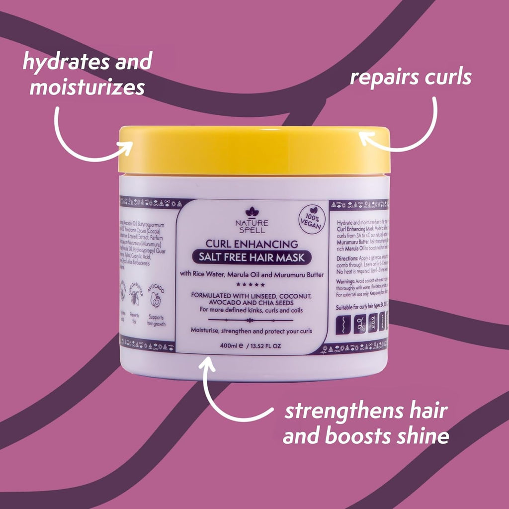 Mască de păr pentru păr creț de Nature Spell 400 ml - îmbogățită cu apă de orez și semințe de in, pentru toate tipurile de bucle, fără sulfați Masca de par Naty Shop