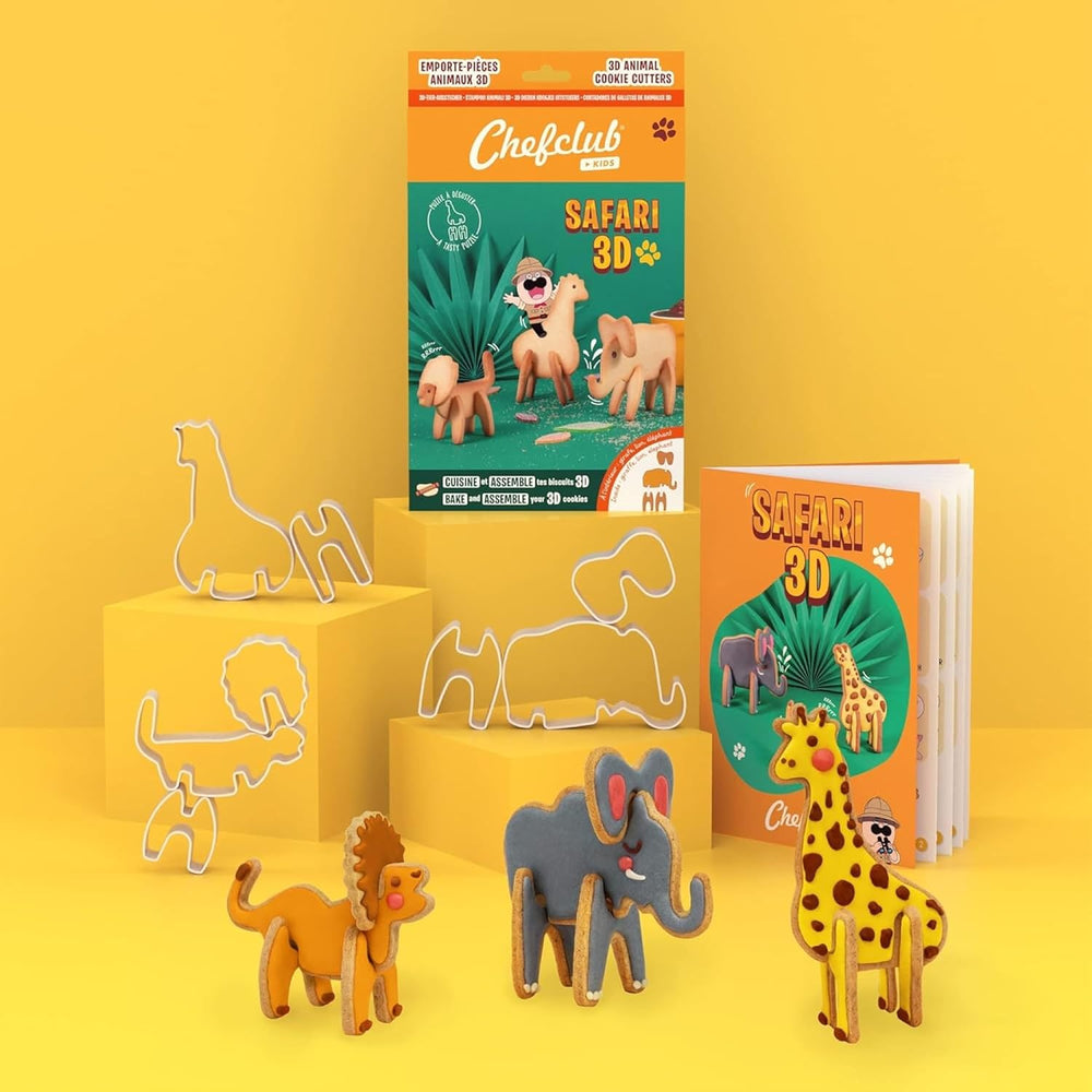 Chefclub Kids - Forme de biscuiți 3D Safari – Creați biscuiți originali cu copiii dumneavoastră – Leu, Elefant, Girafă